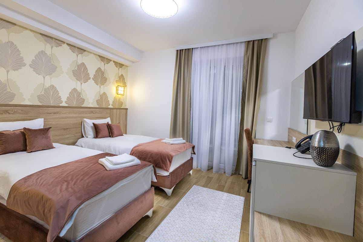Hotellihuone, jossa on kaksi sänkyä, työpöytä, taulutelevisio ja koristeellinen seinä.