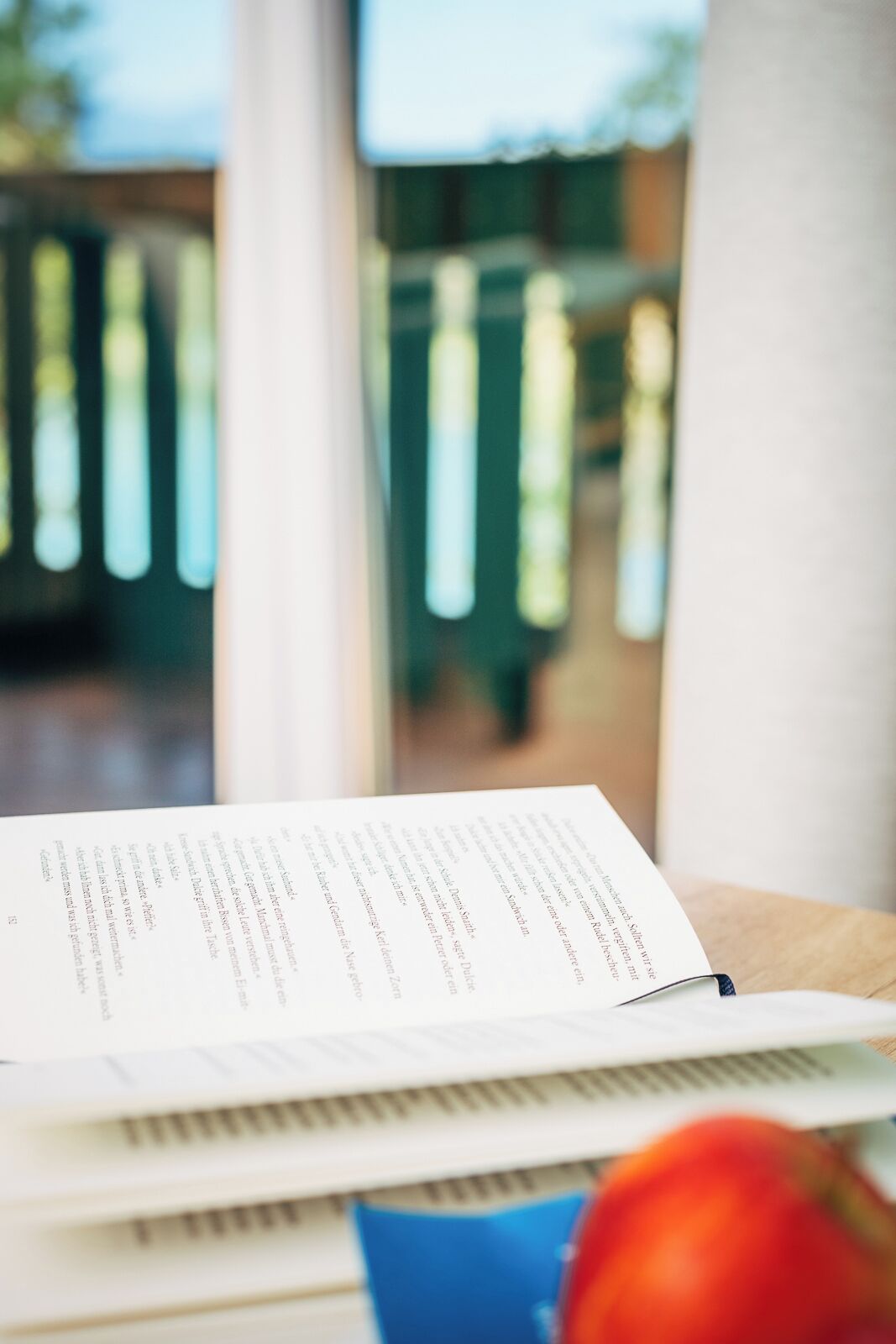 A book with text on a table next to a window with a view of trees.