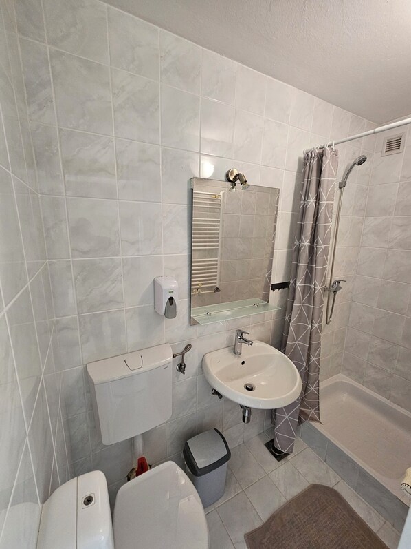 Combined shower/tub, hair dryer, towels, soap
