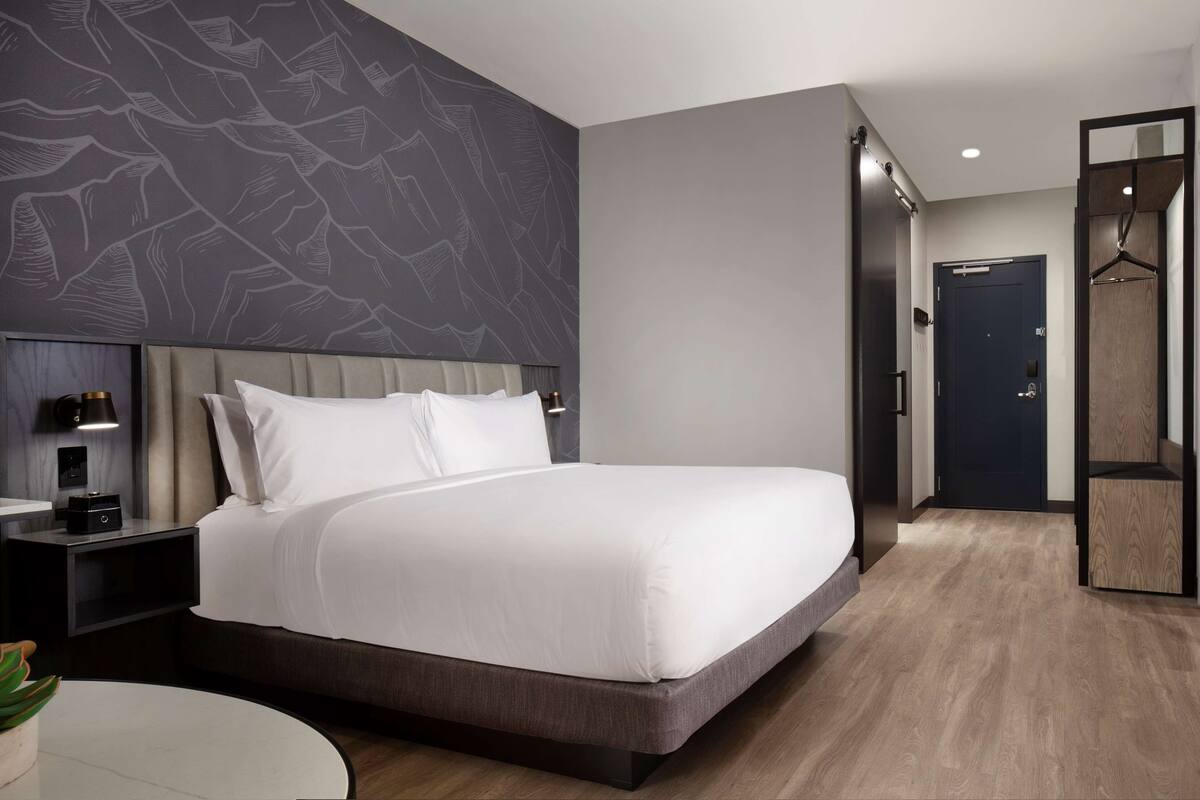Une chambre d’hôtel moderne dotée d’un grand lit, d’un téléviseur à écran plat, d’une table de chevet avec une lampe et d’un téléviseur fixé au mur.