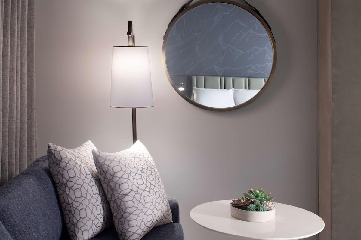 Un salon moderne avec un canapé gris, des coussins à motifs, un miroir rond, une lampe sur pied et une petite table sur laquelle est posée une plante succulente.