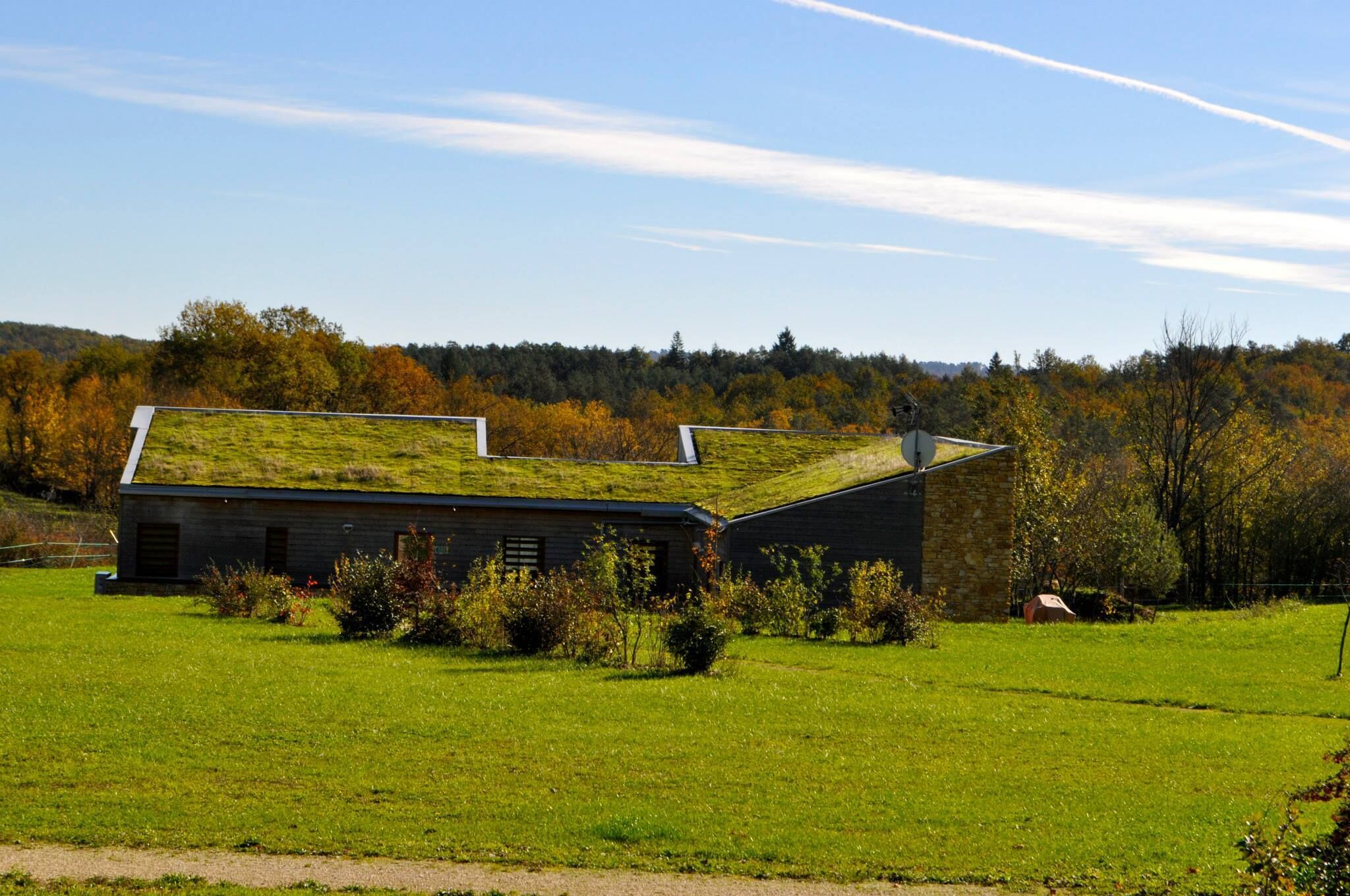 A modern building with a green roof, surrounded by a grassy field and trees in autumn colors.