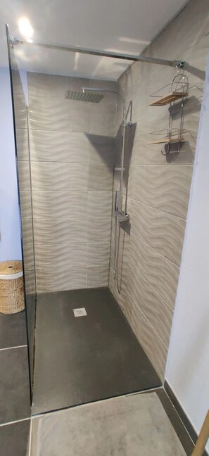 Chuveiro, secador de cabelo, toalhas de banho, sabonete