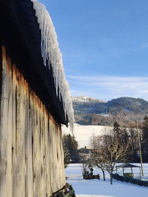 En rustik träbyggnad med istappar som hänger från taket, omgiven av ett snötäckt landskap och en klarblå himmel.