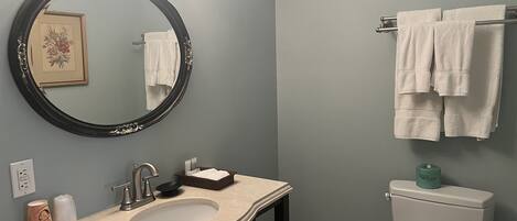 A bathroom with a sink, mirror, toilet, and towel rack.