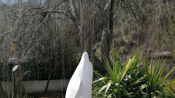 Una estàtua blanca en un jardí amb una base de pedra, envoltada de vegetació i una paret de maó.