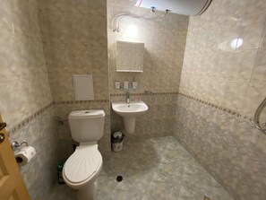 Studiolejlighed | Badeværelse | Bruser, gratis toiletartikler, hårtørrer, håndklæder