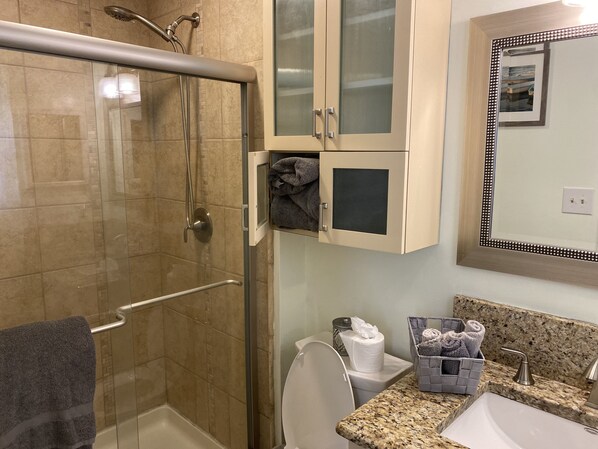 A bathroom with a glass shower enclosure, a toilet, a sink with a granite countertop, and a mirror with a decorative frame. - The Geode, Cheerful, serene Jewelry box , 4 br, 2.5 bath, breathtaking views (Charlotte)