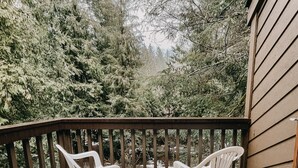 A balcony with two white plastic chairs and a table, surrounded by dense evergreen trees. - 73SW - F/P - W/D - Sleeps 6 (Deming)