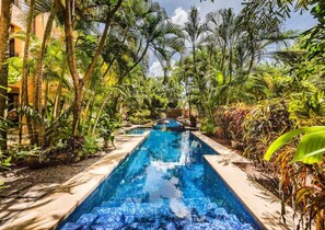 Una piscina rodeada de exuberante vegetación tropical.