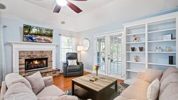 Smart TV, fireplace, books, music library