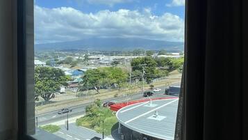 Vista desde una ventana con cielo despejado y nubes, una carretera con vehículos y una zona verde con árboles.