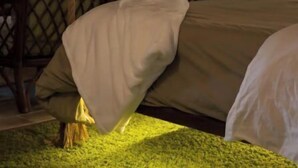 Une pièce avec un lit, un bureau, une lampe et une fenêtre.