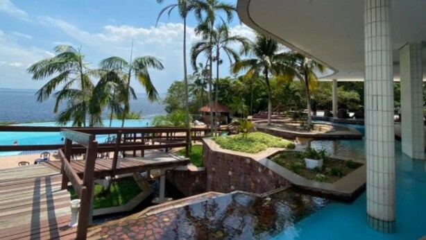 Un resort moderno con piscina, palmeras y vista al océano.