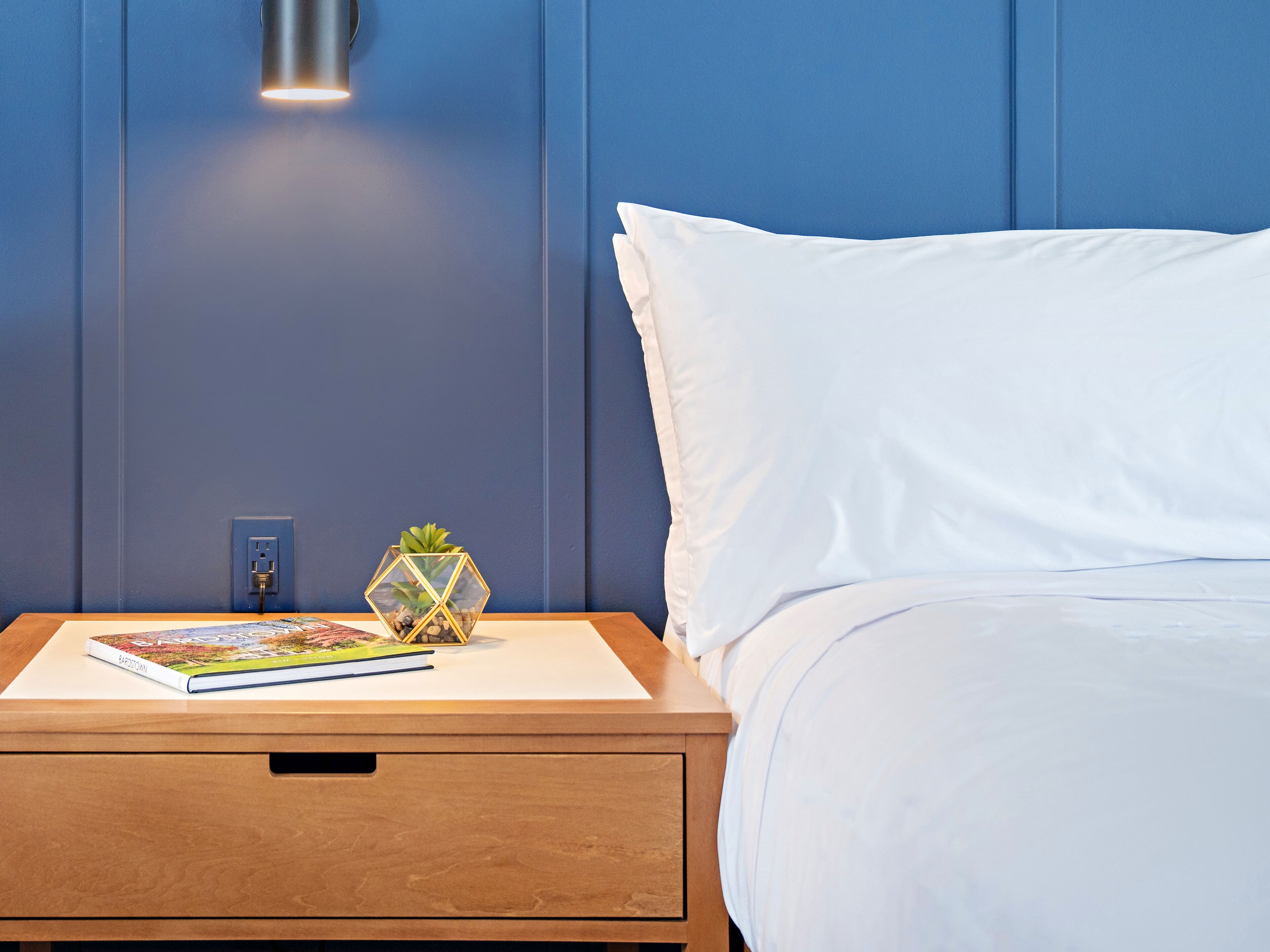A neatly made bed with white sheets, a wooden nightstand with a book and a decorative plant, and a wall-mounted light fixture.