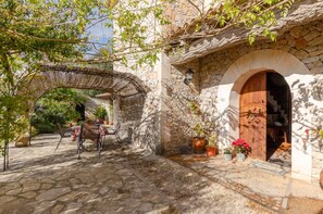 A stone courtyard with a rustic wooden door, a woven pergola, and potted plants.