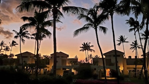 A resort with multiple buildings, palm trees, and a sunset sky.