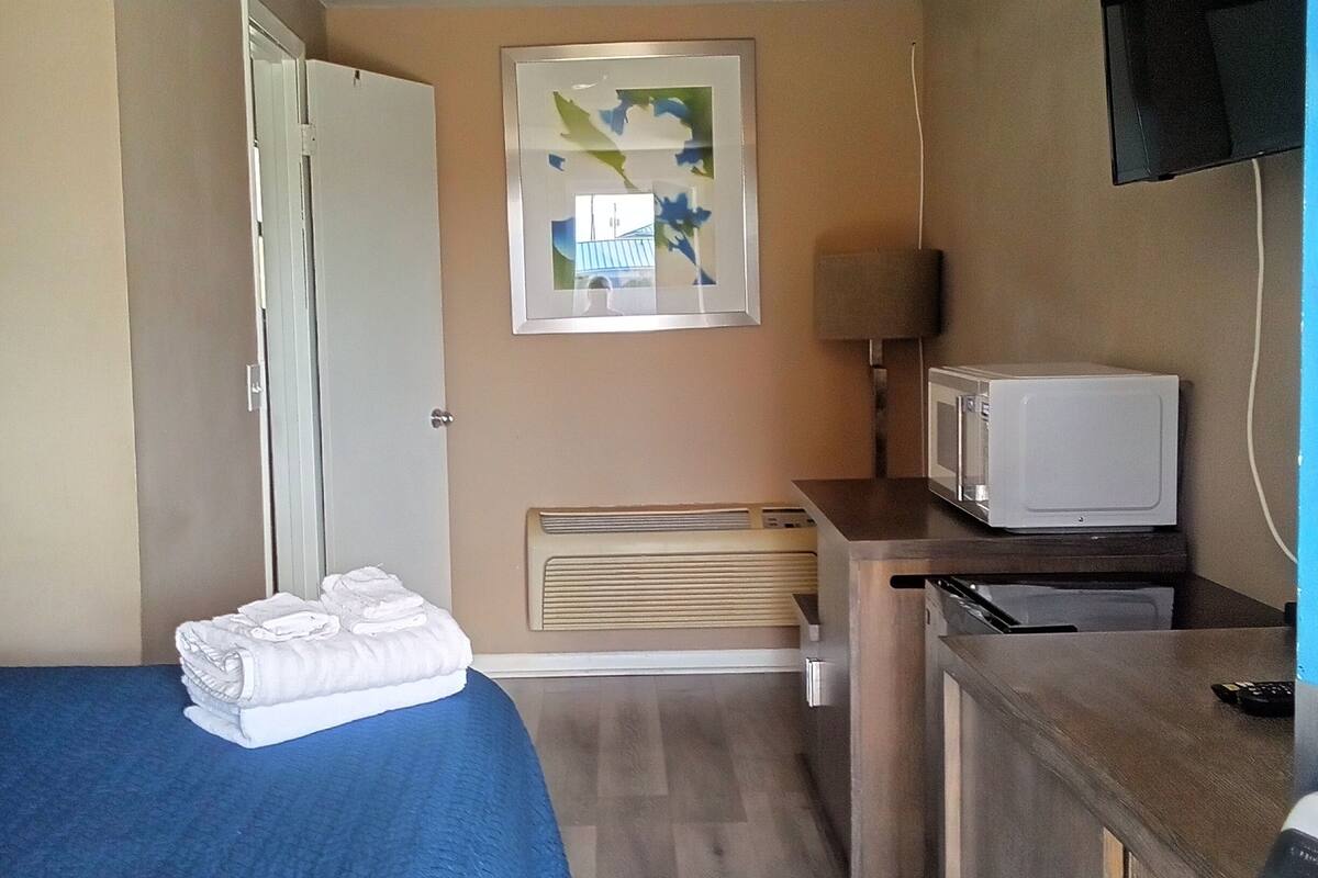 A hotel room with a bed, a desk with a microwave, a television, and a wall-mounted artwork.