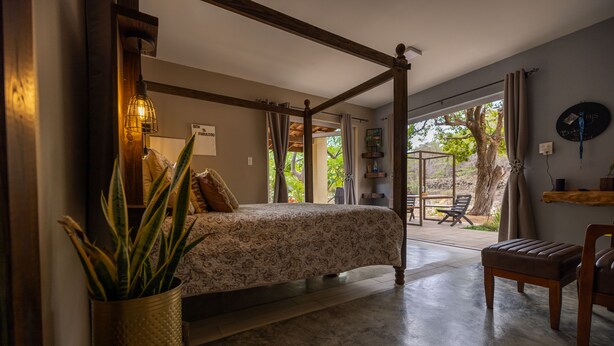A bedroom with a bed, a potted plant, a wooden chair, and a view of the outdoors. - Off grid living! Enjoy and love the Nature! (Savaneta)