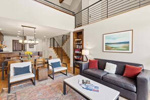 TV, fireplace, books