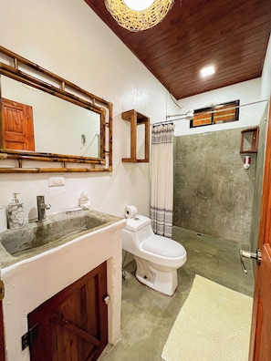 Douche, serviettes fournies, shampooing, papier de toilette