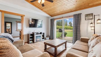 Smart TV, fireplace, books