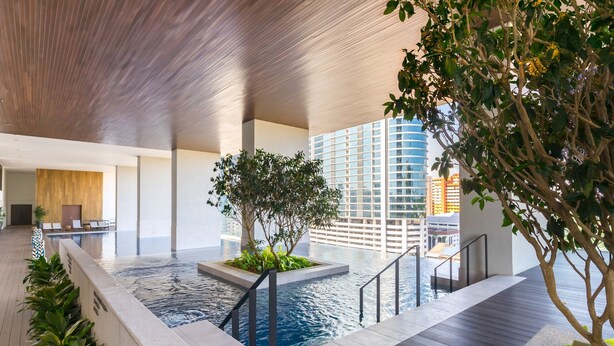 Area piscina interna moderna con soffitto in legno, un piccolo albero e vista sulla città.