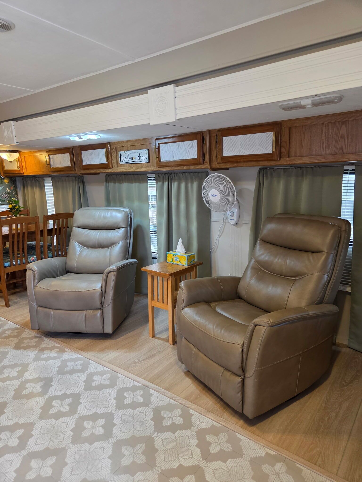 A living area with two leather recliners, a small table with a tissue box, a fan, and a patterned rug.