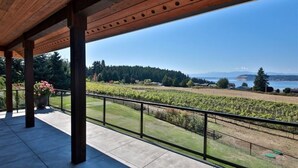 A covered outdoor area with a view of a vineyard and a body of water.