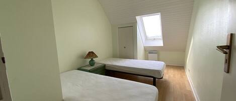 A small, single-room with two beds, a skylight, and a wooden floor.
