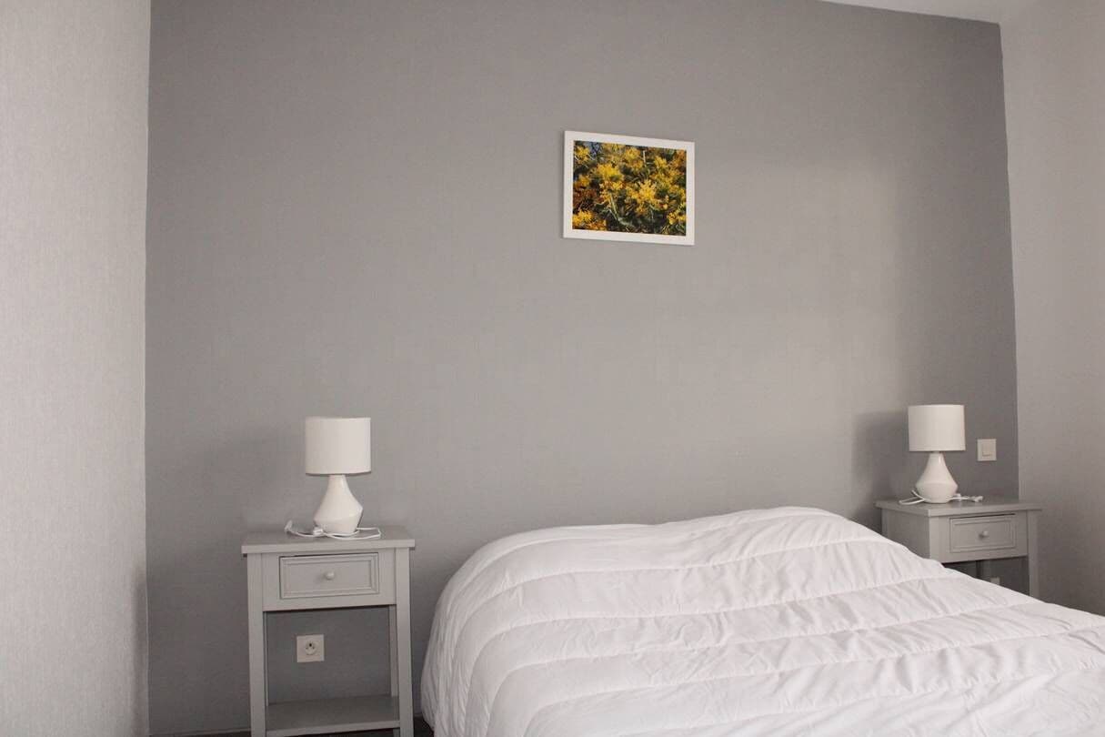 A bedroom with a bed, two bedside tables with lamps, a small picture on the wall, and a gray wall.