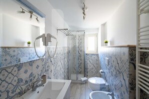 Shower, hair dryer, bidet, towels