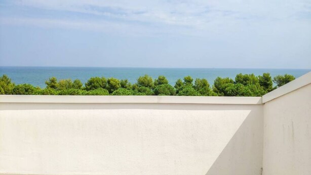 Un balcón con vista al mar y al verdor.
