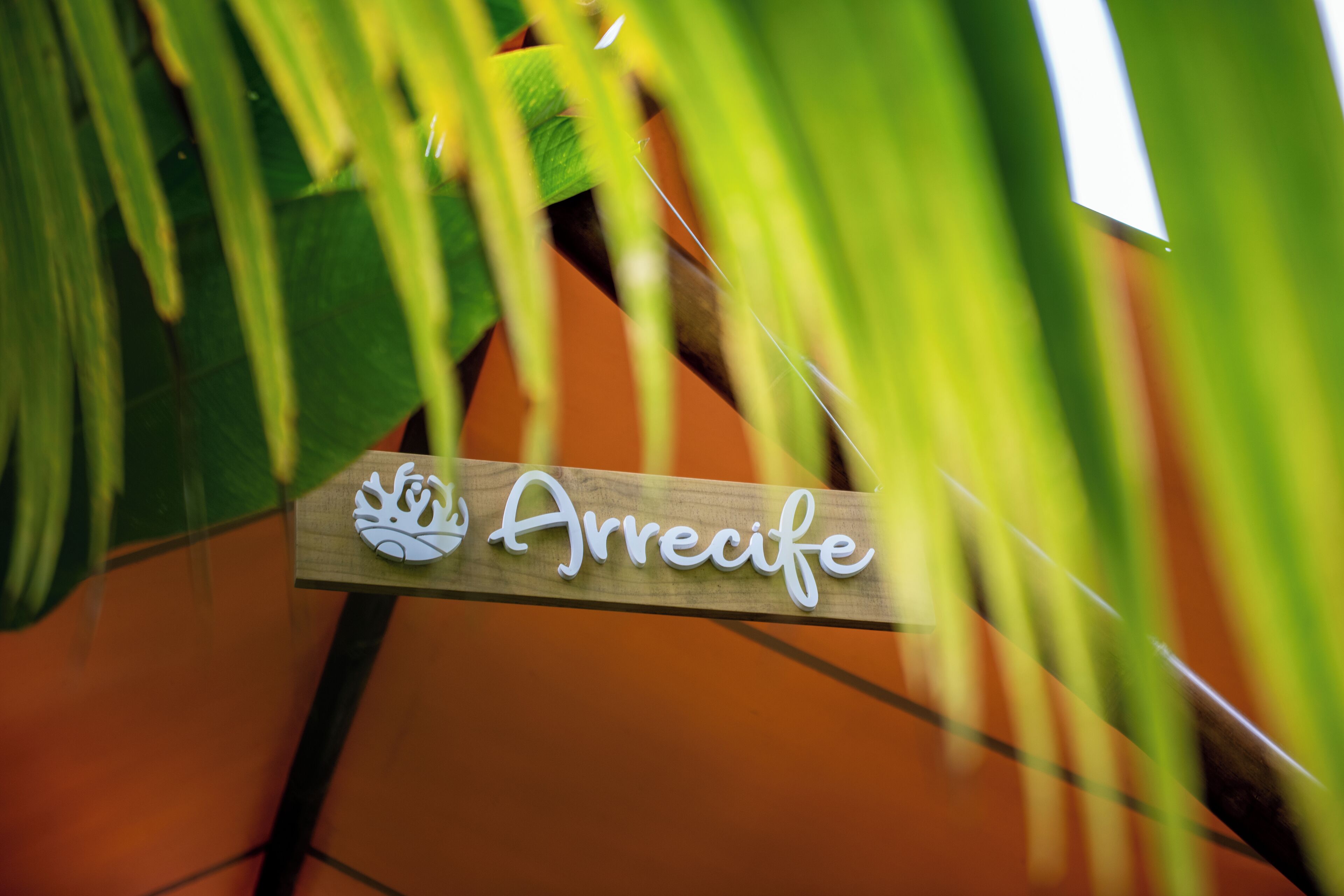 Une enseigne en bois portant le mot « Arrecife » et un symbole de couronne.