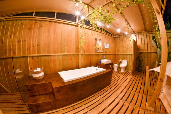Luxury Tent, 1 King Bed | Bathroom | Separate tub and shower, rainfall showerhead, towels, soap