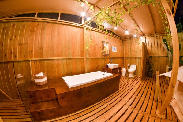Luxury Tent, 1 King Bed | Bathroom | Separate tub and shower, rainfall showerhead, towels, soap