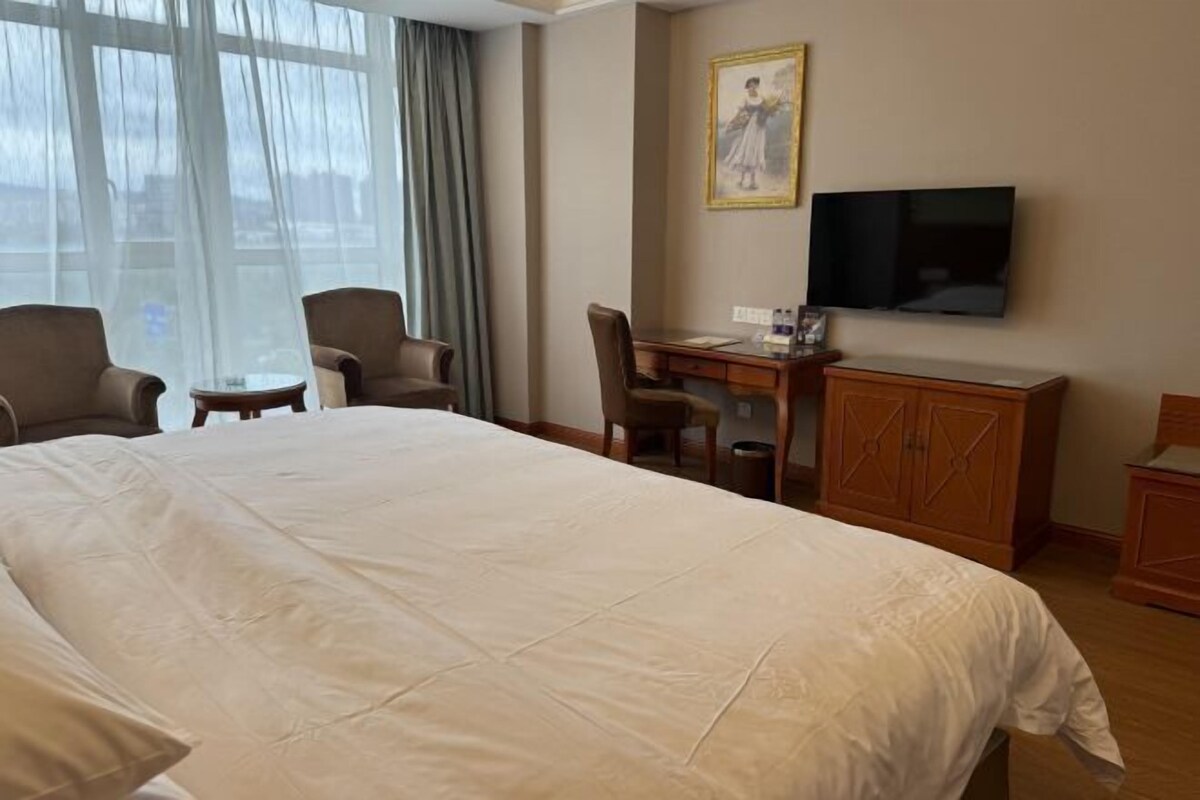 Una habitación de hotel con una cama grande, un escritorio, dos sillas, un televisor y un armario.