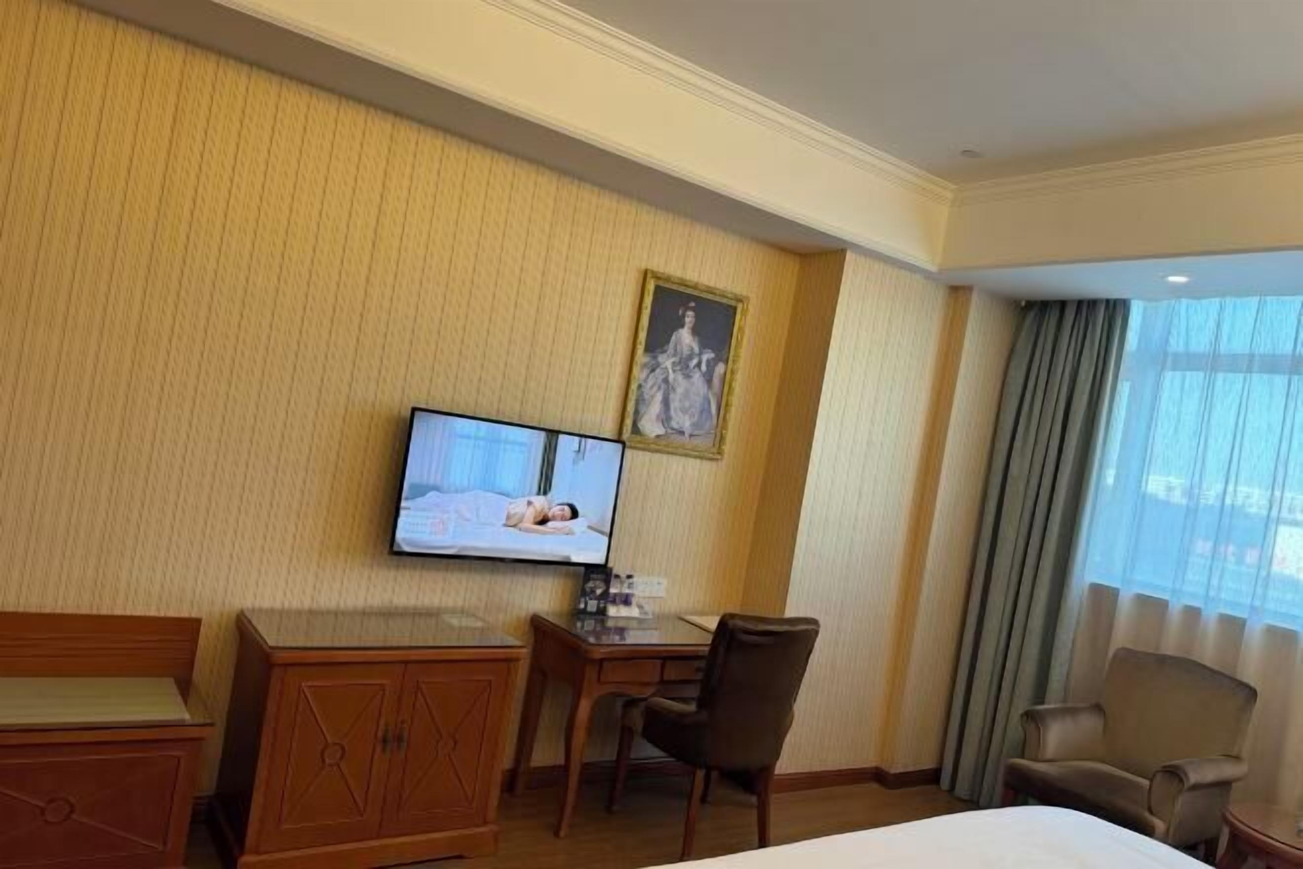 Une chambre d’hôtel avec un lit, un bureau, une télévision et une chaise.