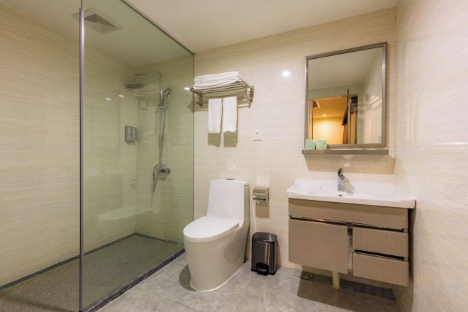 A modern bathroom with a glass-enclosed shower, a toilet, a sink, and a mirror.