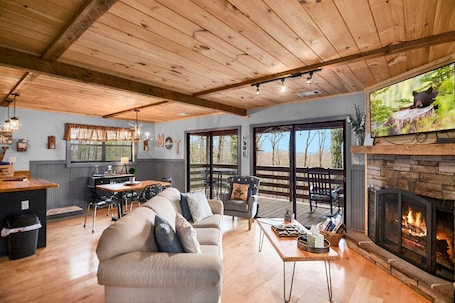 Smart TV, fireplace, DVD player. Dog friendly with a great view and fire pit! Hot tub!2 bed cabin