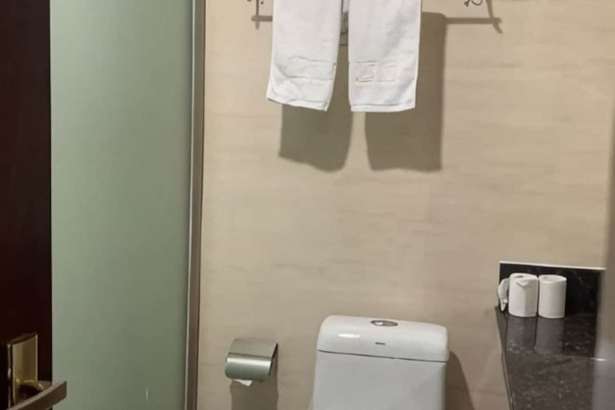 Un baño con inodoro, dispensador de toallas de papel y un perchero con dos toallas.