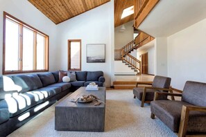 Televisión, chimenea, libros y oficina 