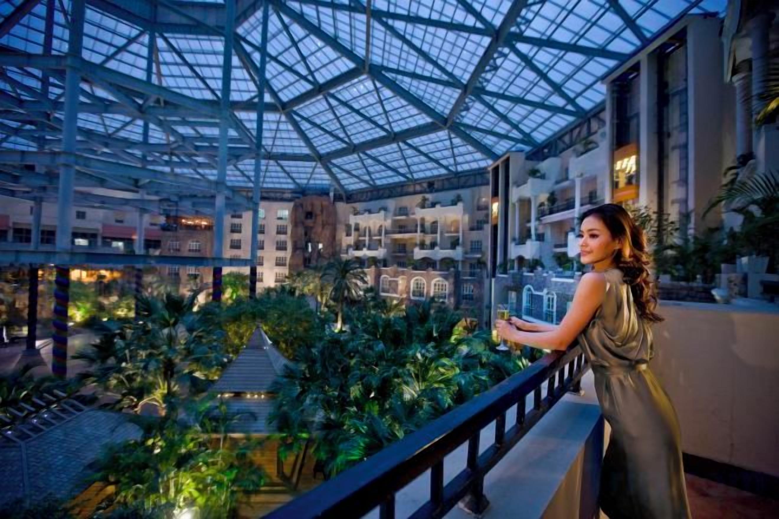 A spacious atrium with a glass ceiling, multiple levels, and indoor plants.