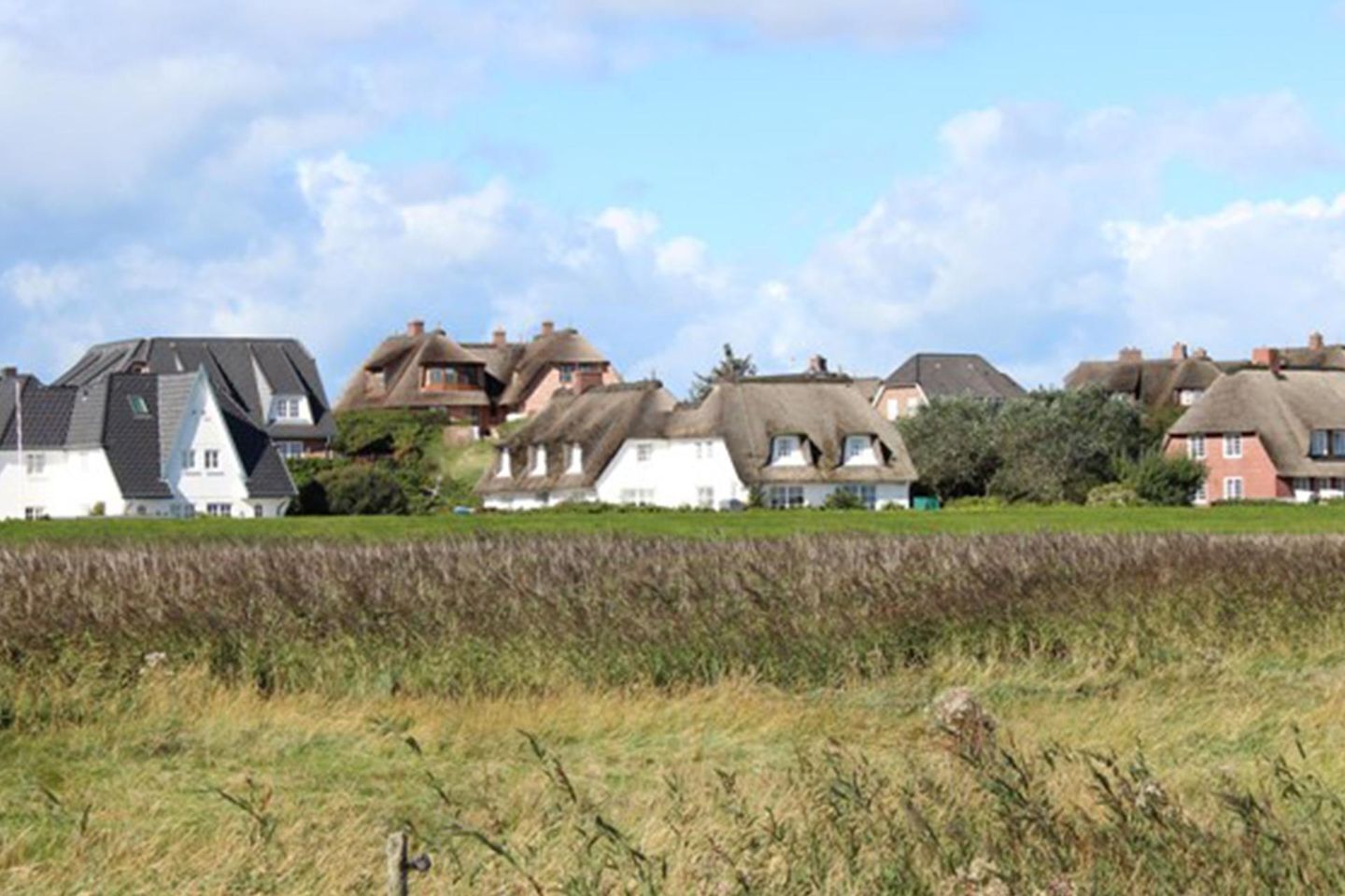 Une rangée de maisons traditionnelles aux toits de chaume et aux murs blancs, se détachant sur un ciel dégagé.