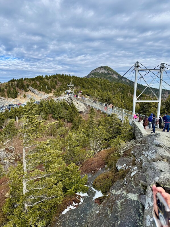 A suspension bridge with a metal framework and a stone pathway.