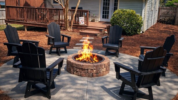 A circular stone fire pit with chairs around it, set on a concrete patio.