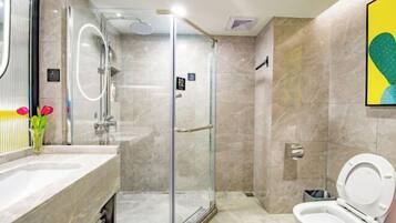 Un baño moderno con cabina de ducha de vidrio, inodoro y lavamanos con espejo.