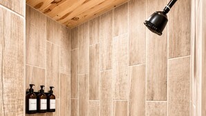 Eine Dusche mit Holzwandverkleidung, einer Deckenleuchte und einer Handbrause.