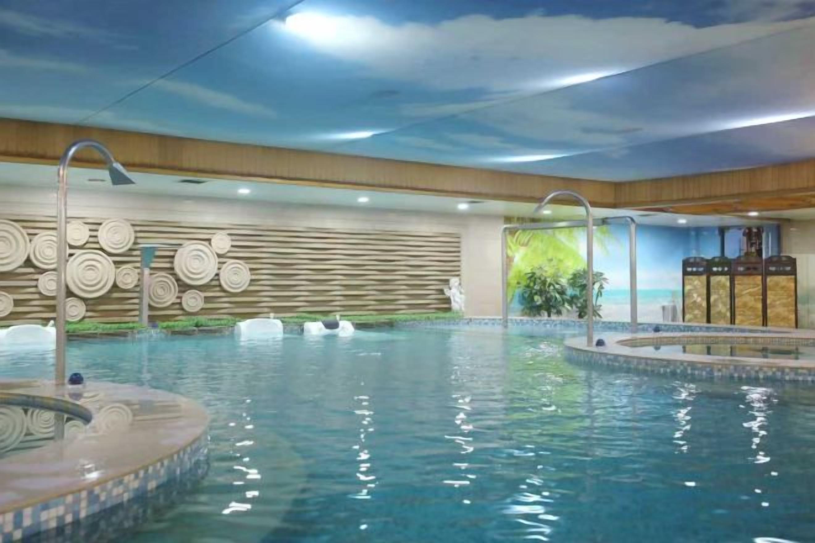 An indoor swimming pool with a hot tub, a ceiling with a cloud design, and a wall with circular patterns.
