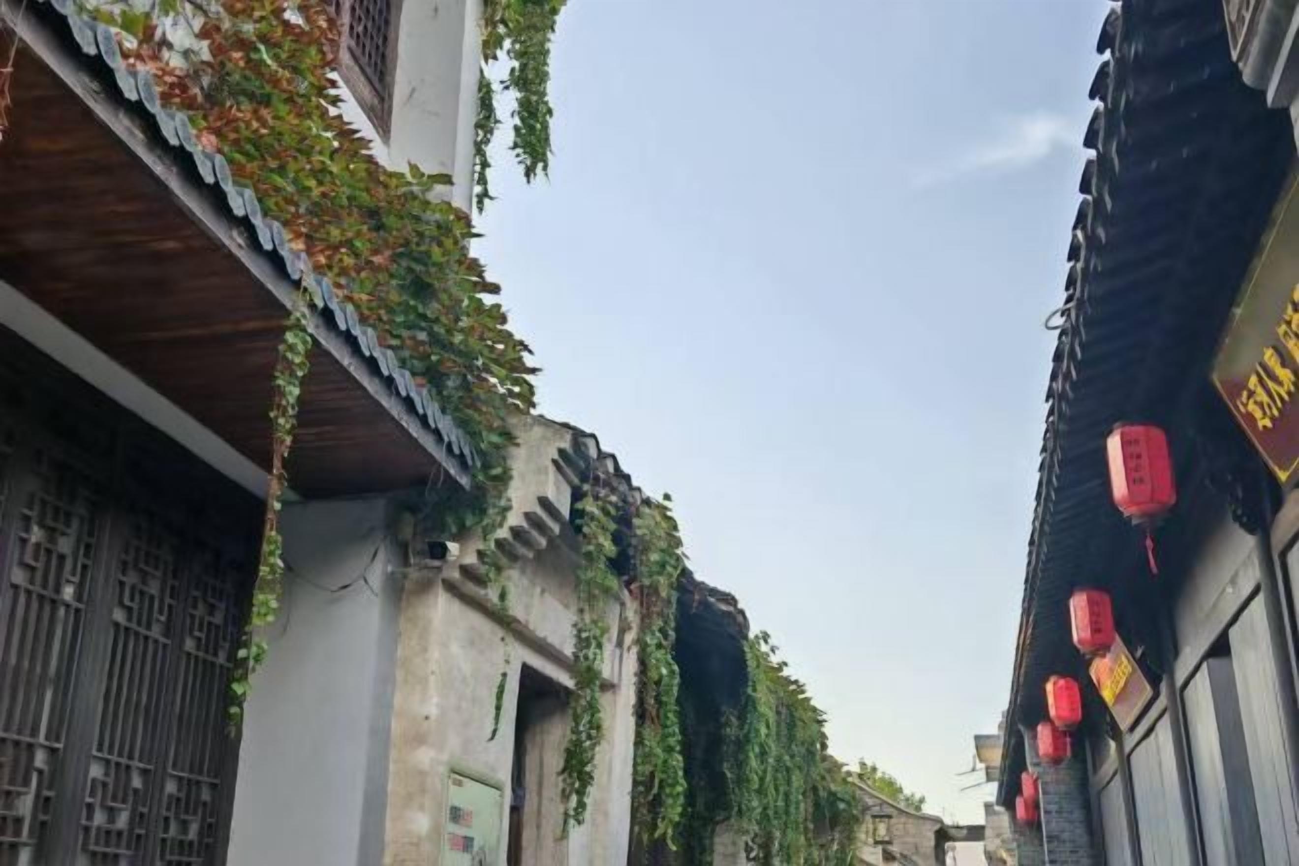A narrow street with traditional architecture, including tiled roofs and red lanterns.